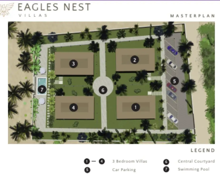 Site plan: four villas around a central courtyard, with pool and car parking